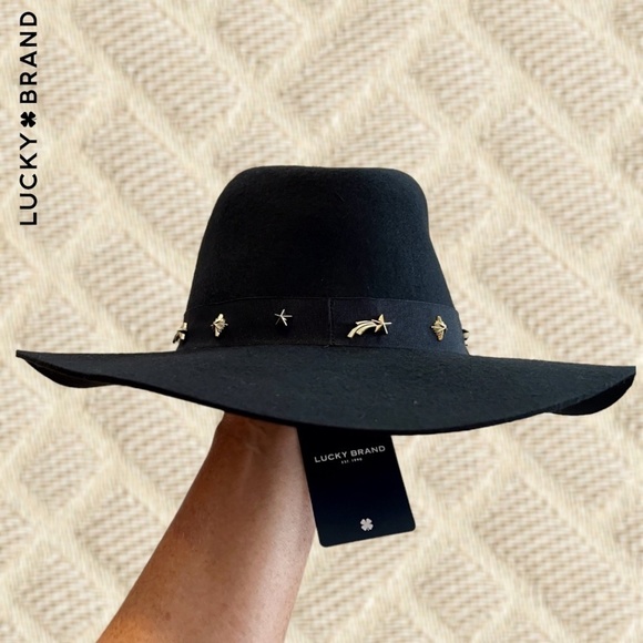 LUCKY BRAND (NWT) 100% WOOL Gold-Charm-Accented Band Black Wide Brim Ranger Hat - Picture 6 of 16